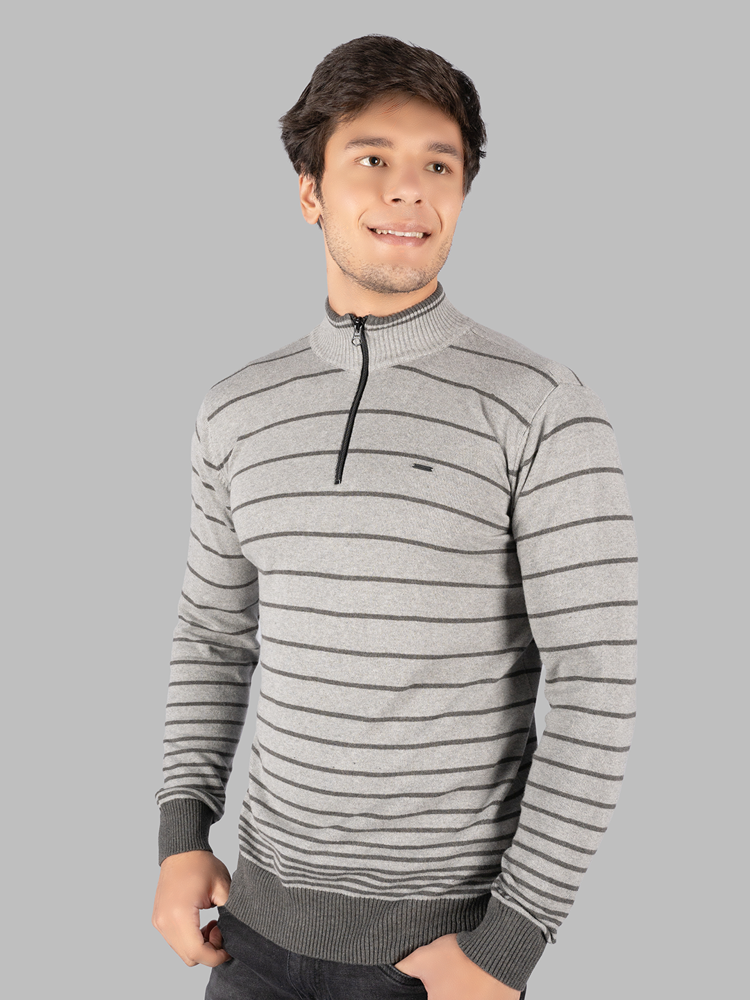 Grey Melange Striped Half Zip Pullover