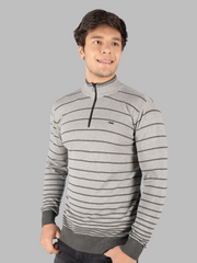 Grey Melange Striped Half Zip Pullover