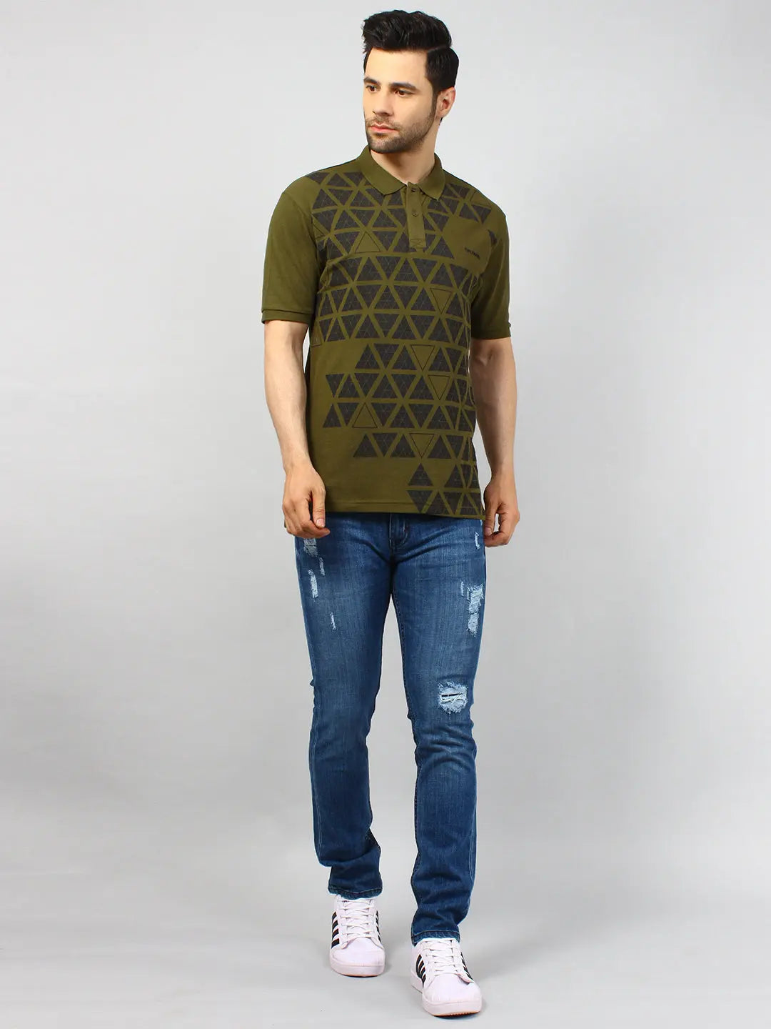 Olive Green Printed Polo T-Shirt Tim Paris