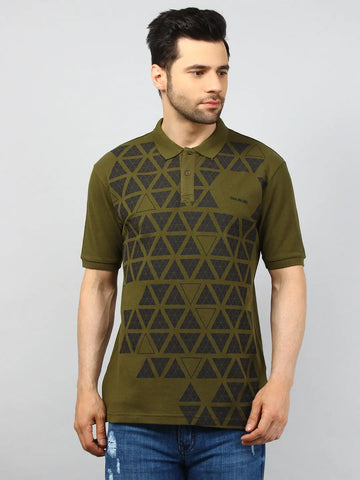 Olive Green Printed Polo T-Shirt Tim Paris