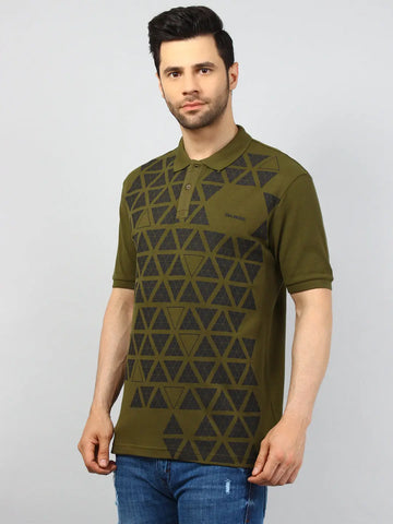 Olive Green Printed Polo T-Shirt Tim Paris