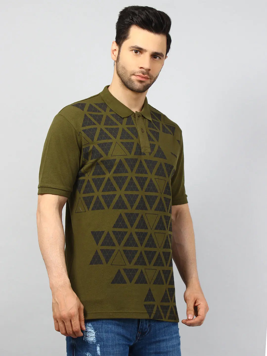 Olive Green Printed Polo T-Shirt Tim Paris