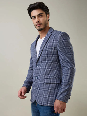 Blue Self Design Knitted Blazers TIM PARIS