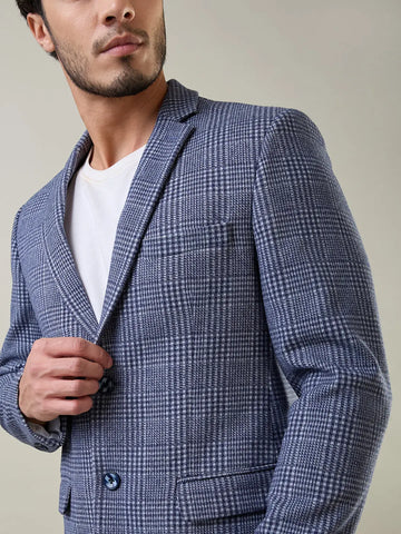 Blue Self Design Knitted Blazers TIM PARIS