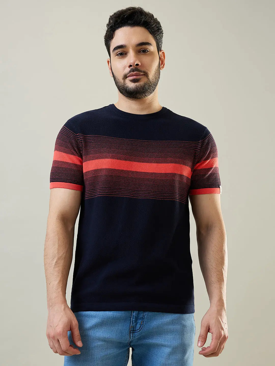 Hot Coral Striped Flat knit T-Shirt Tim Paris