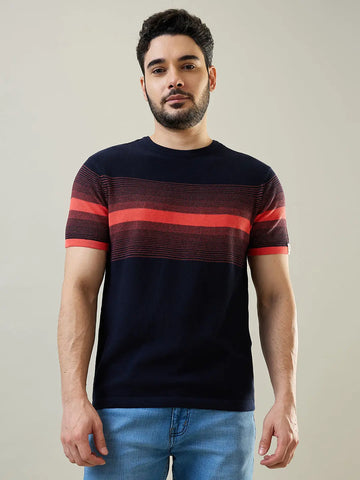 Hot Coral Striped Flat knit T-Shirt Tim Paris