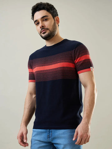 Hot Coral Striped Flat knit T-Shirt Tim Paris