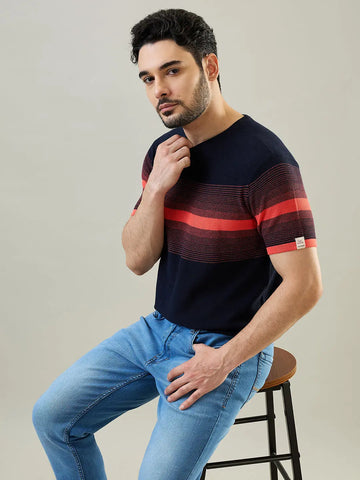 Hot Coral Striped Flat knit T-Shirt Tim Paris