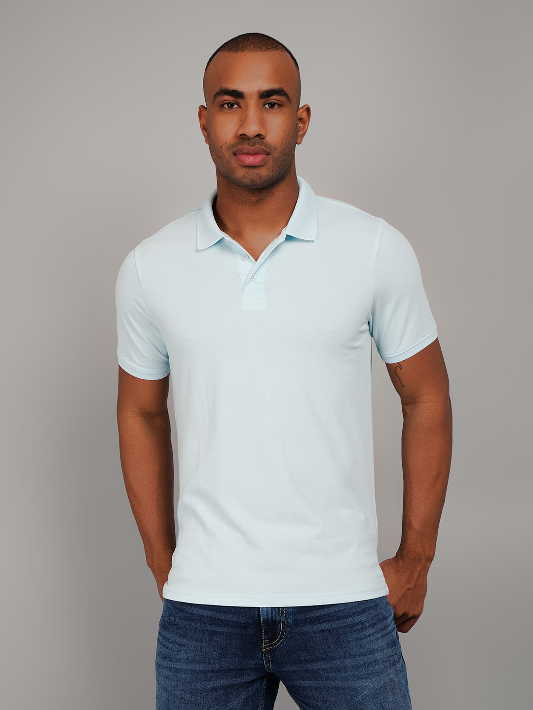 Light Blue Polo Neck Solid T Shirt
