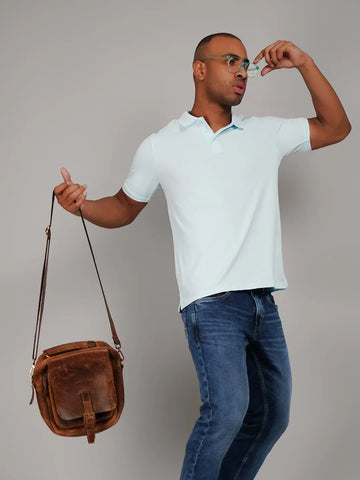 Light Blue Polo Neck Solid T Shirt TIM PARIS
