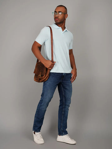 Light Blue Polo Neck Solid T Shirt TIM PARIS