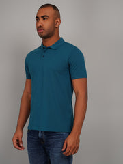 Teal Blue Solid Polo T-Shirt