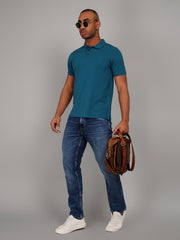 Teal Blue Solid Polo T-Shirt