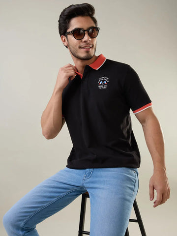 Black Solid Polo T-Shirt Tim Paris