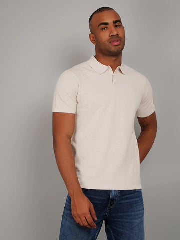 Beige Flanknit Polo Neck Regular Fit T-shirt Tim Paris