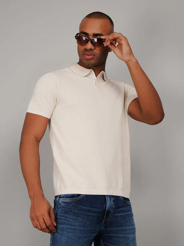 Beige Flanknit Polo Neck Regular Fit T-shirt Tim Paris