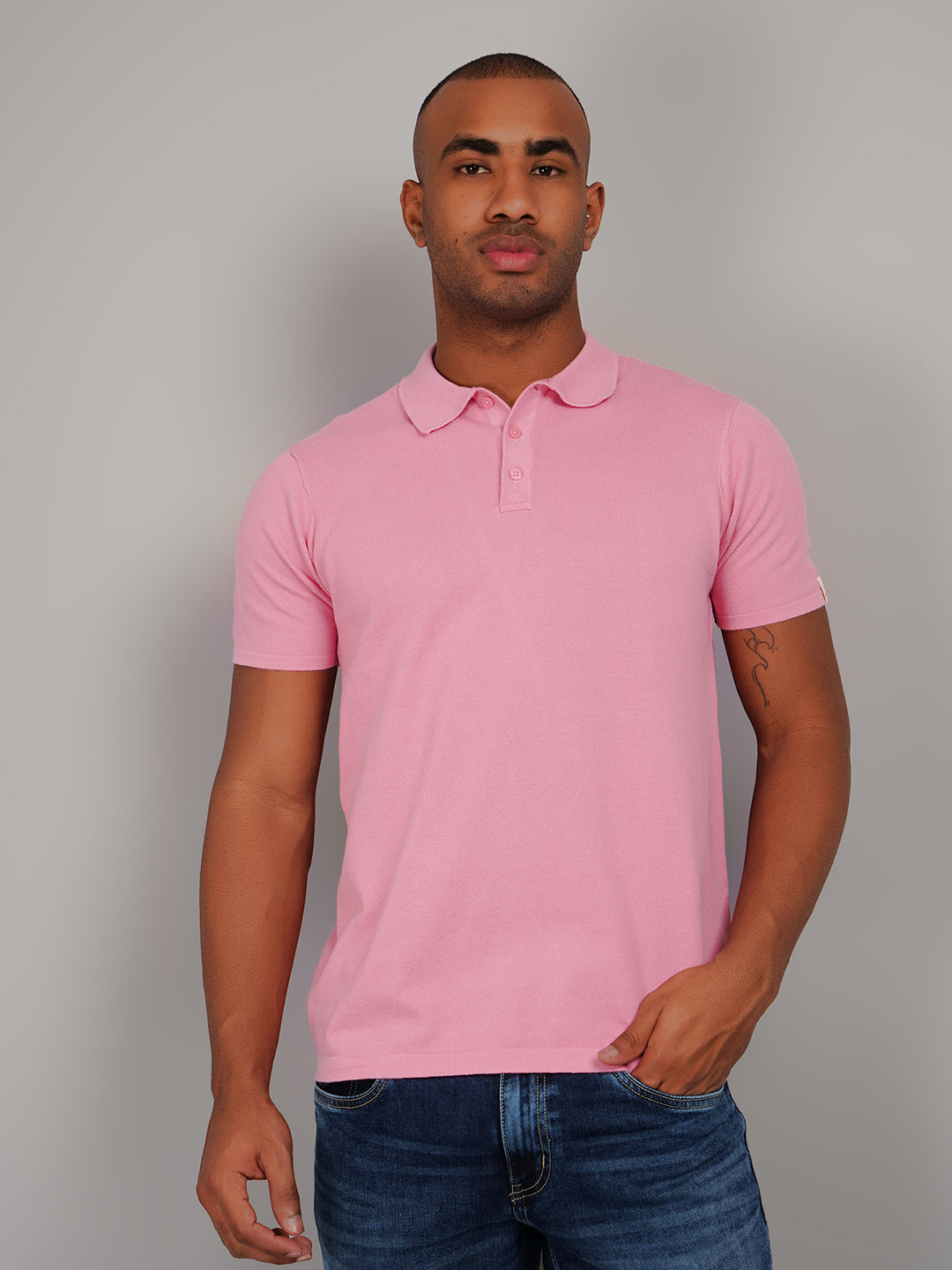 Pink Flanknit Polo Neck Regular Fit T-shirt