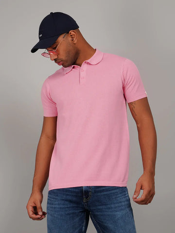Pink Flanknit Polo Neck Regular Fit T-shirt Tim Paris