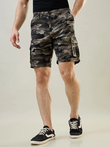 Grey Printed Regular Fit Cargo Shorts Tim Paris