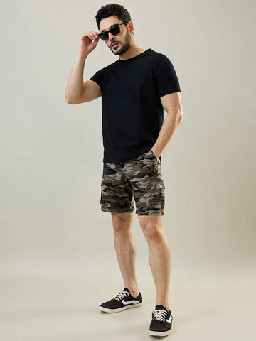 Grey Printed Regular Fit Cargo Shorts Tim Paris