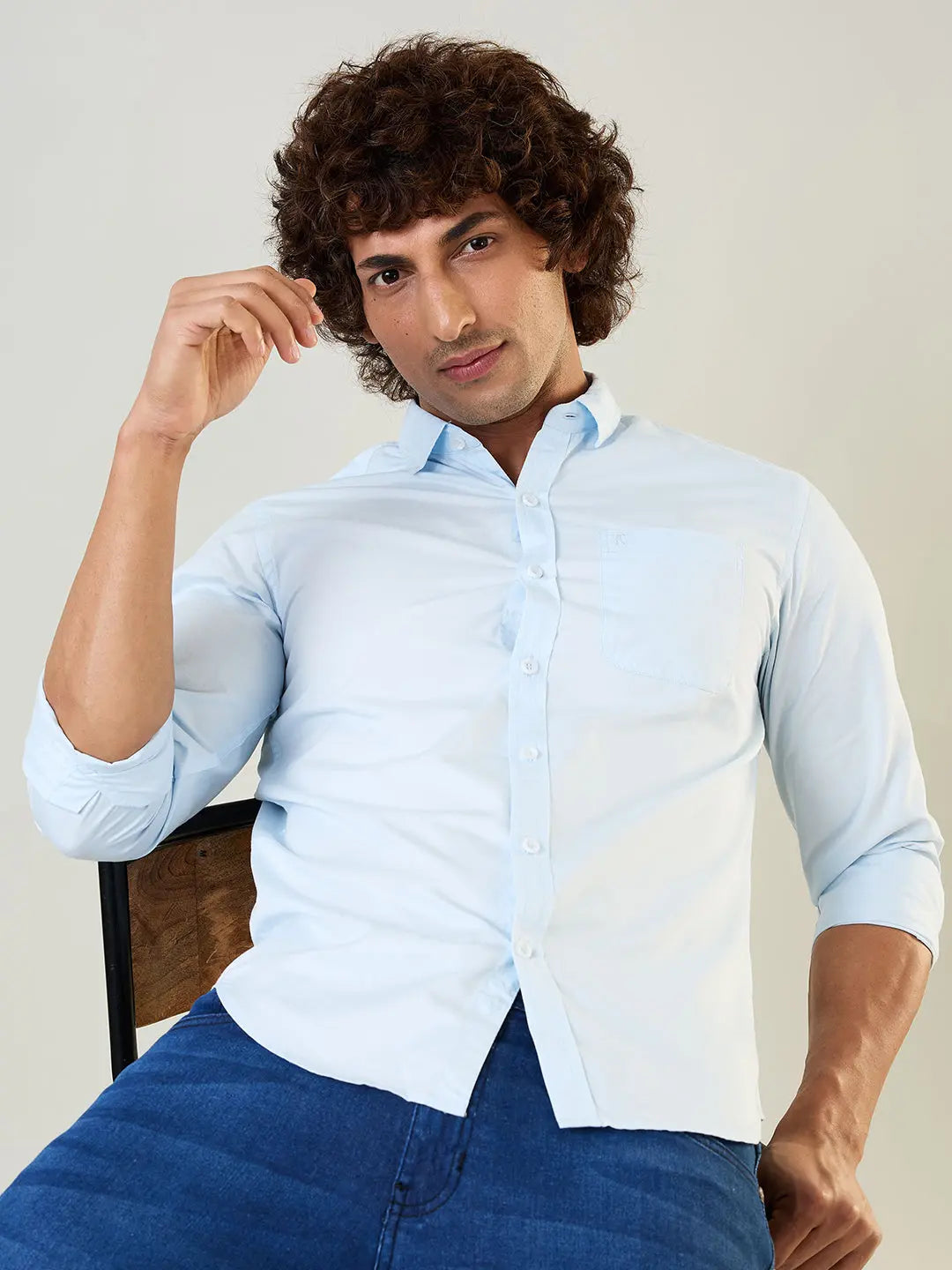 Sky Blue Solid Regular Fit Shirt TIM PARIS
