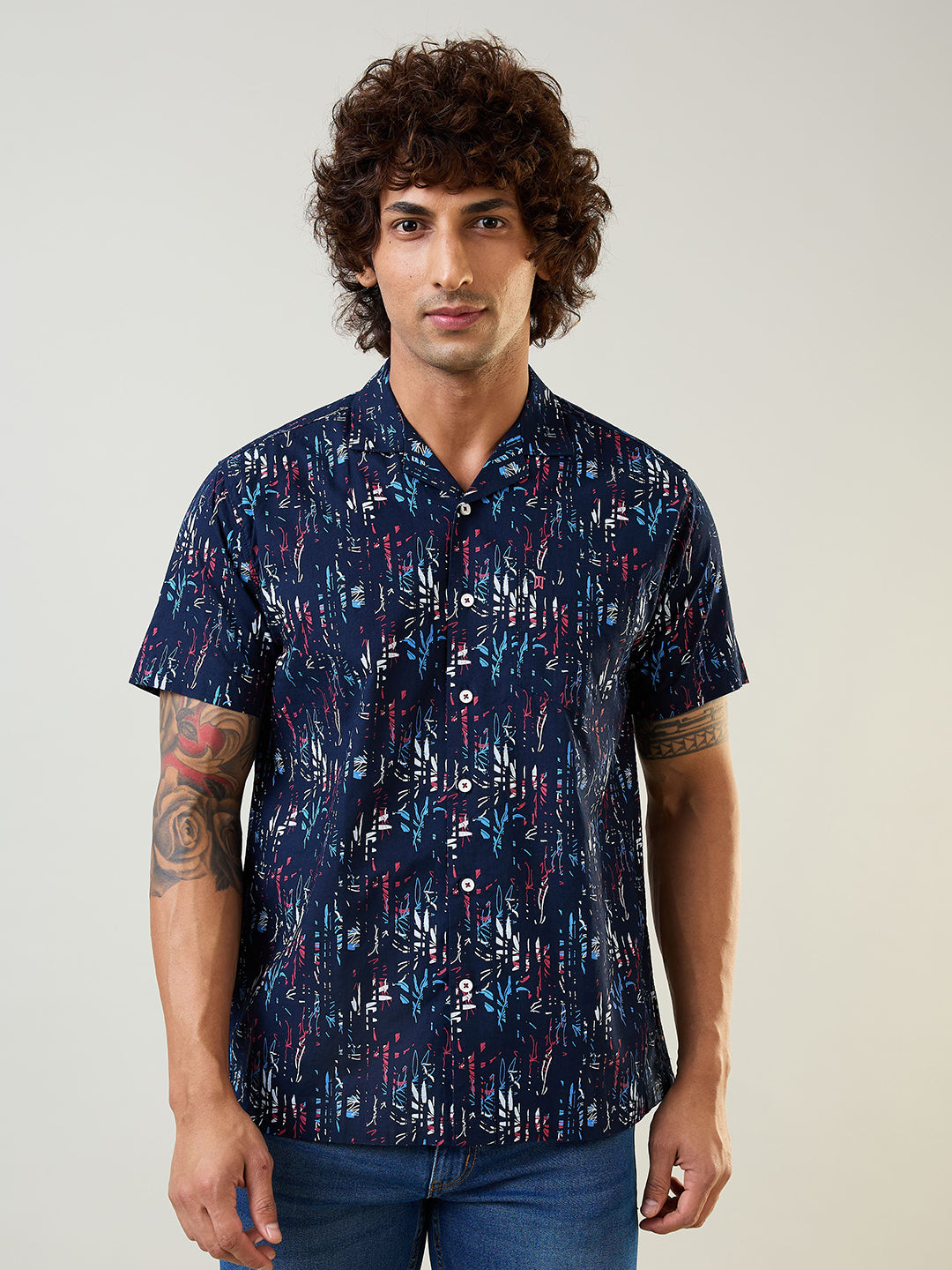 Navy Printed Regular Fit Shirt
