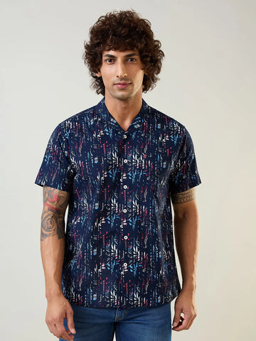 Navy Printed Regular Fit Shirt TIM PARIS