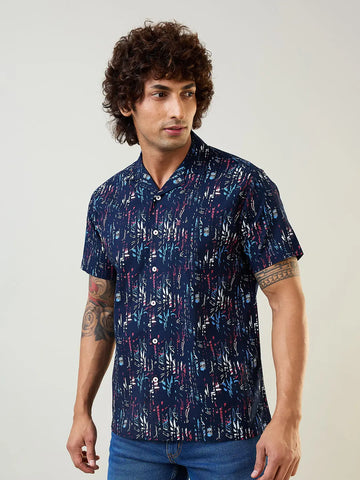 Navy Printed Regular Fit Shirt TIM PARIS