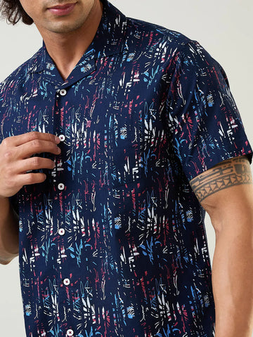 Navy Printed Regular Fit Shirt TIM PARIS