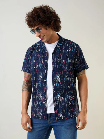 Navy Printed Regular Fit Shirt TIM PARIS
