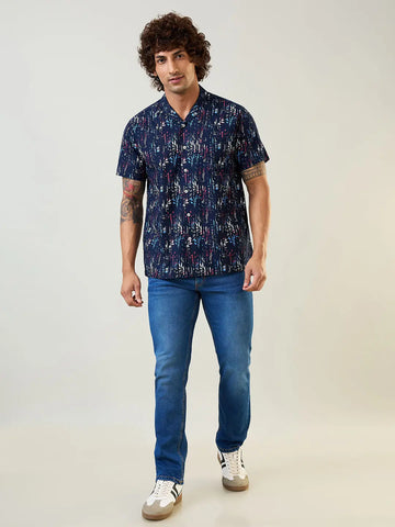 Navy Printed Regular Fit Shirt TIM PARIS