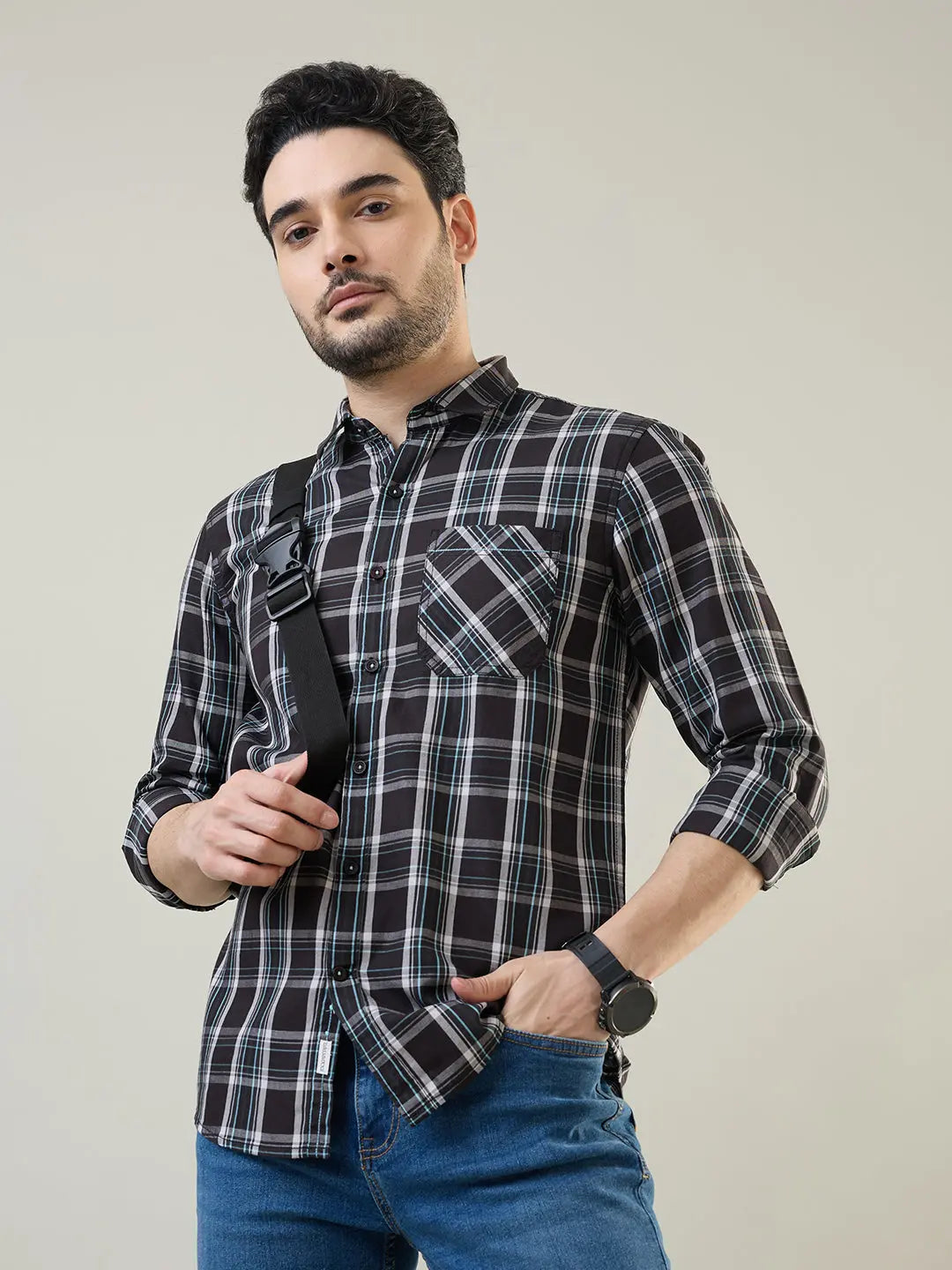 Black Checkered Regular Fit Shirt TIM PARIS