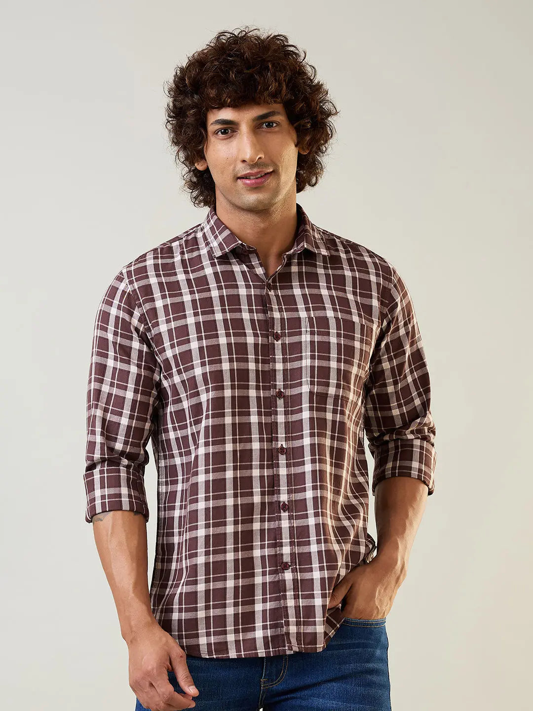 Brown Checkered Regular Fit Shirt TIM PARIS