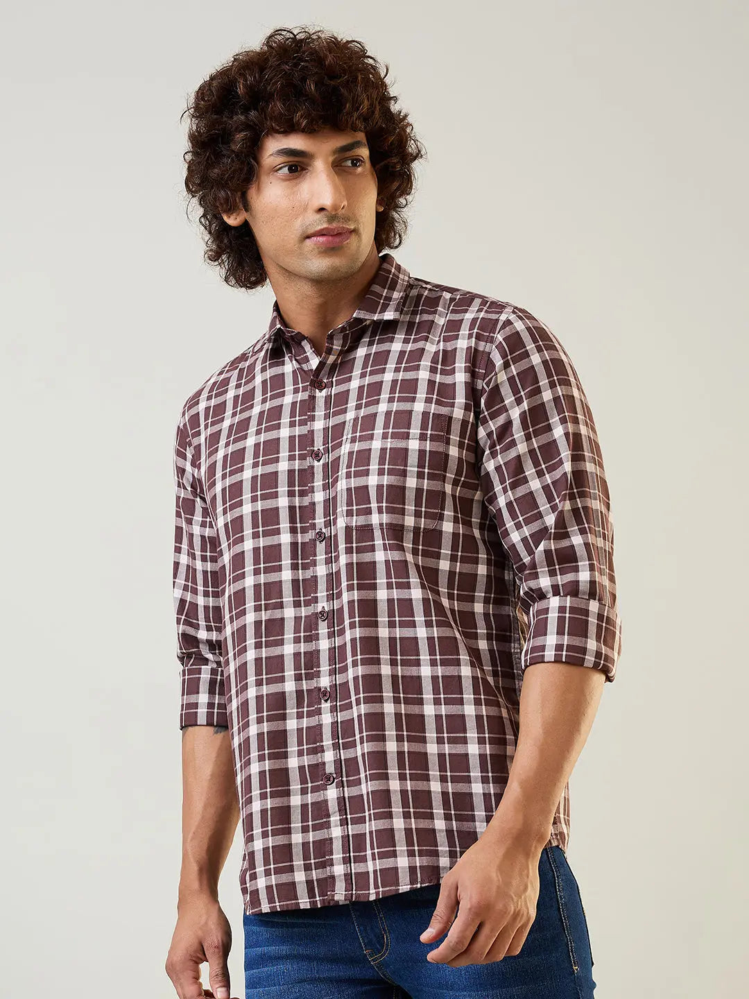 Brown Checkered Regular Fit Shirt TIM PARIS