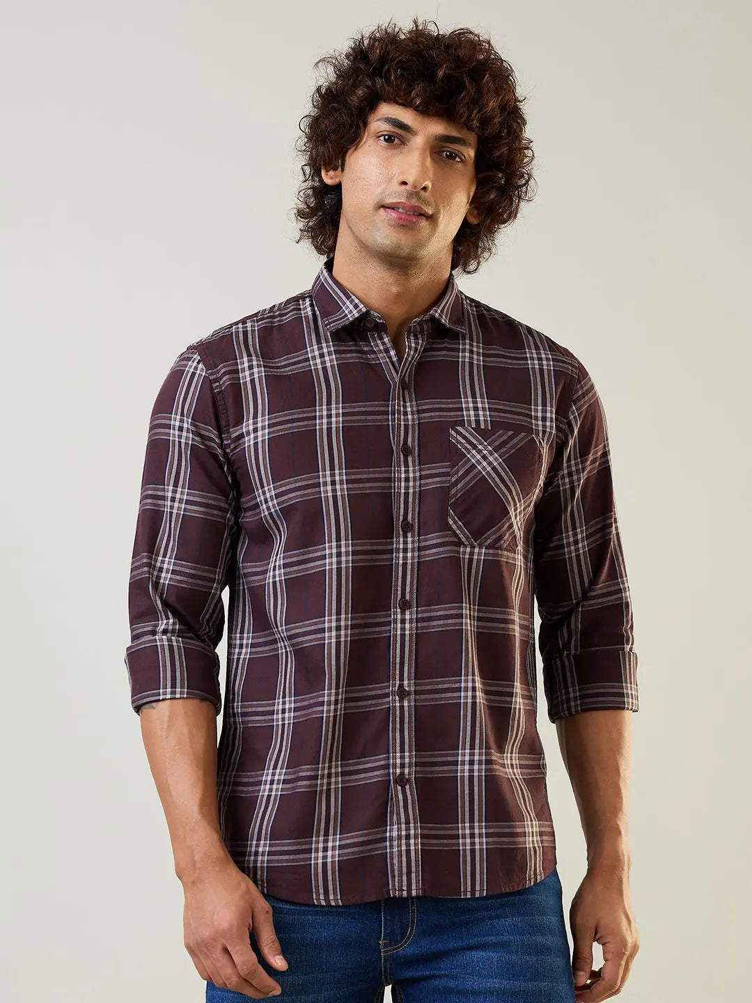 Brown Checkered Regular Fit Shirt TIM PARIS