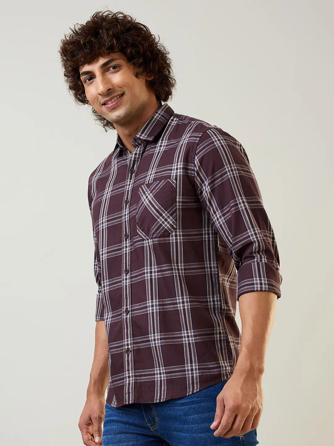 Brown Checkered Regular Fit Shirt TIM PARIS