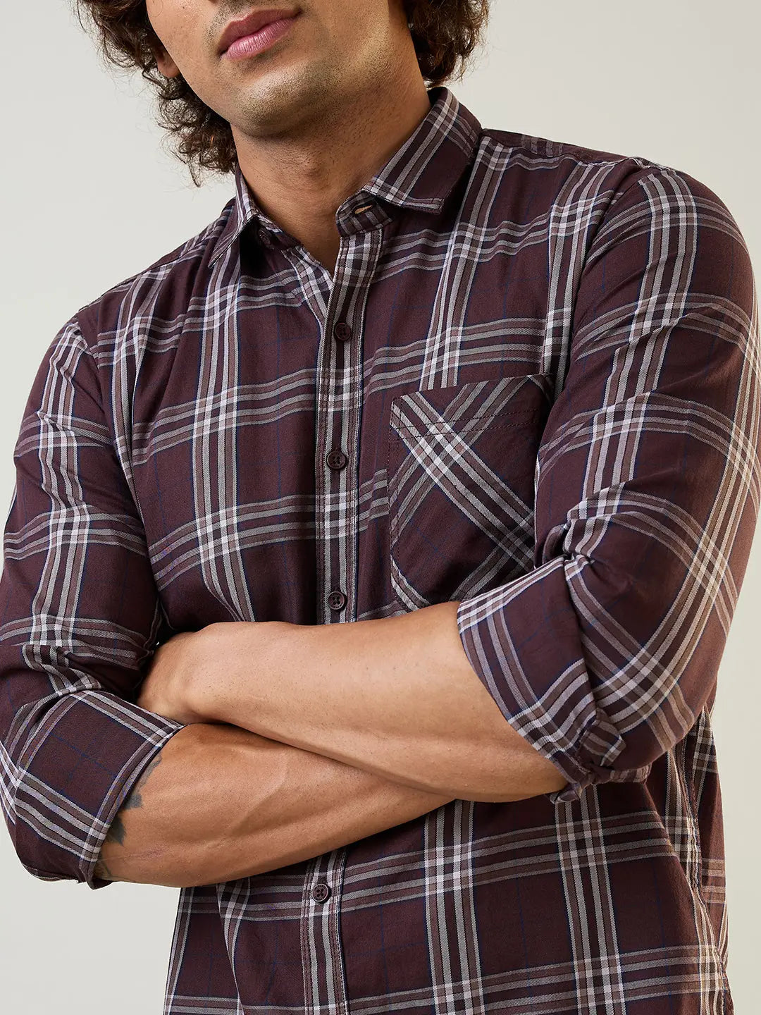 Brown Checkered Regular Fit Shirt TIM PARIS