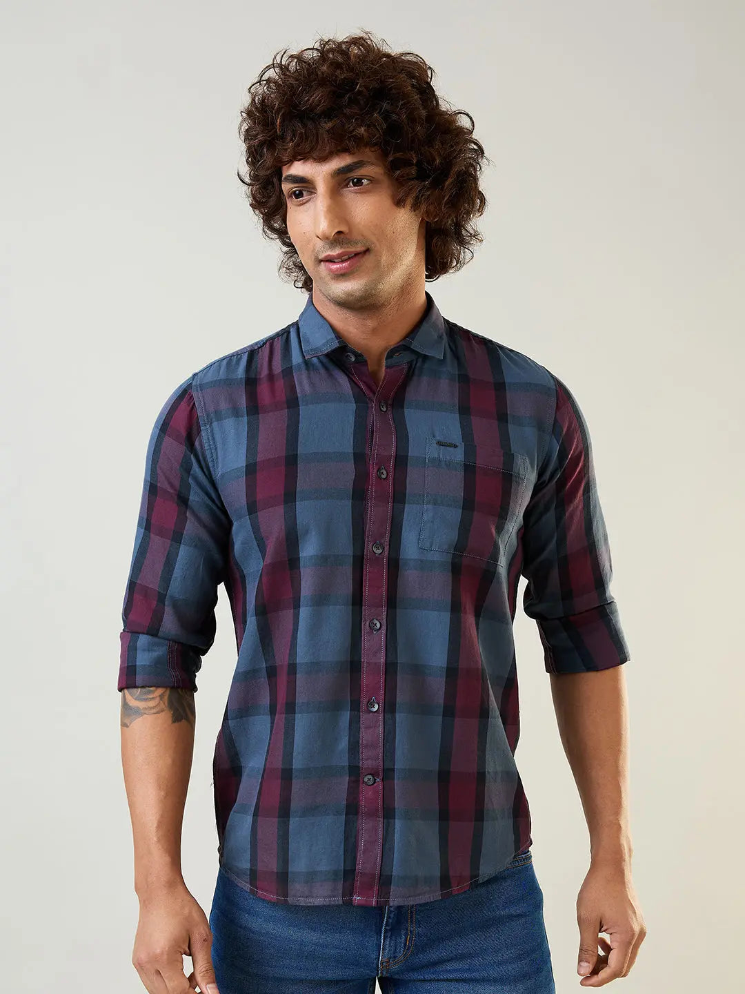 Grey Checkered Regular Fit Shirt TIM PARIS