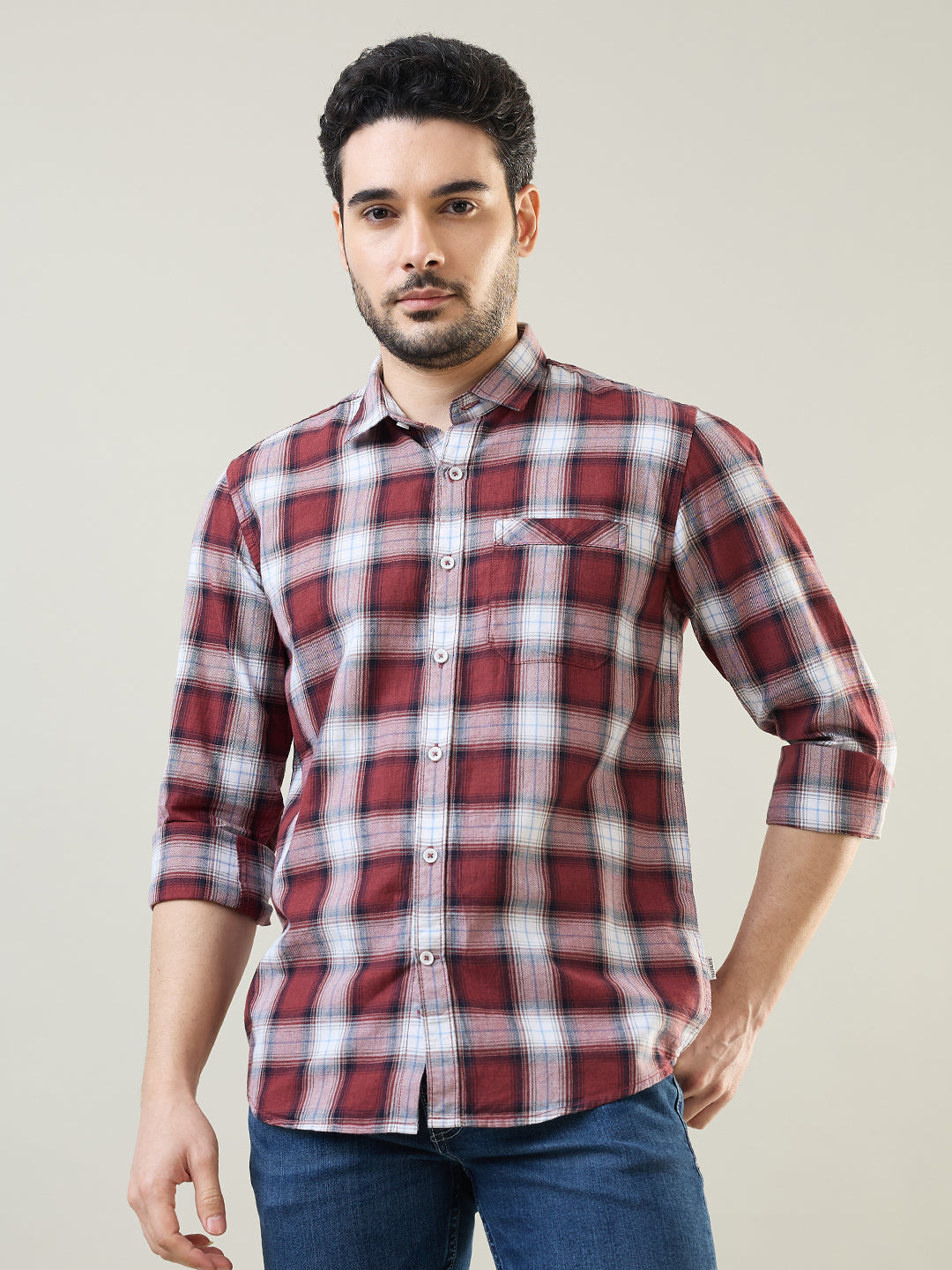Maroon Checkered Regular Fit Shirt
