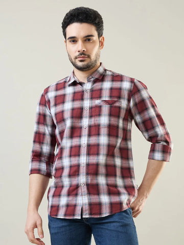 Maroon Checkered Regular Fit Shirt TIM PARIS