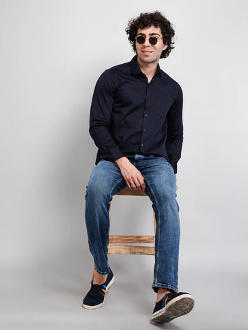 Navy Blue Solid Regular Fit Shirt TIM PARIS