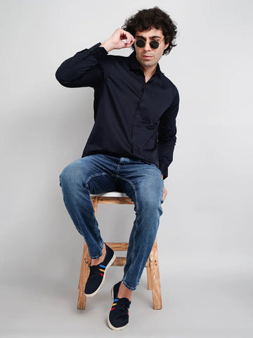Navy Blue Solid Regular Fit Shirt TIM PARIS