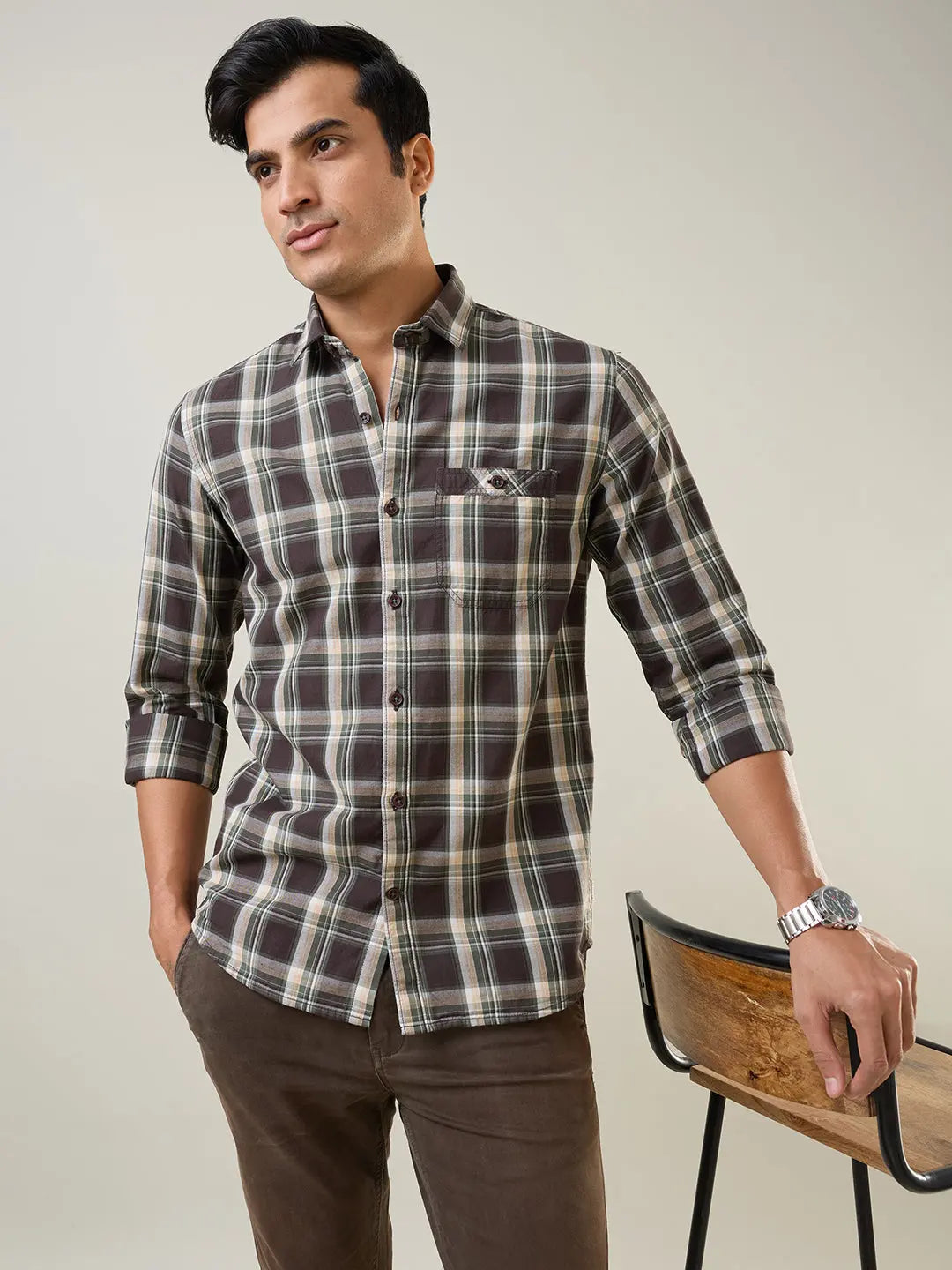 Brown Checkered Regular Fit Shirt TIM PARIS