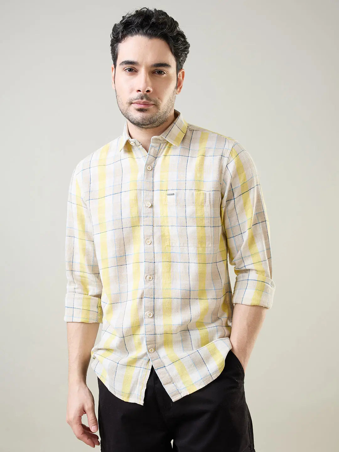 Yellow Checkered Regular Fit Shirt TIM PARIS