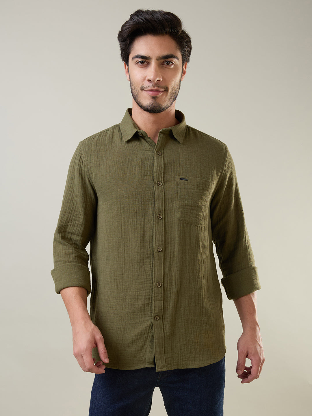 Olive Solid Regular Fit Shirt
