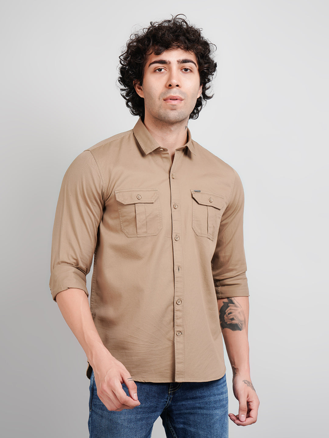 Khaki Solid Regular Fit Shirt