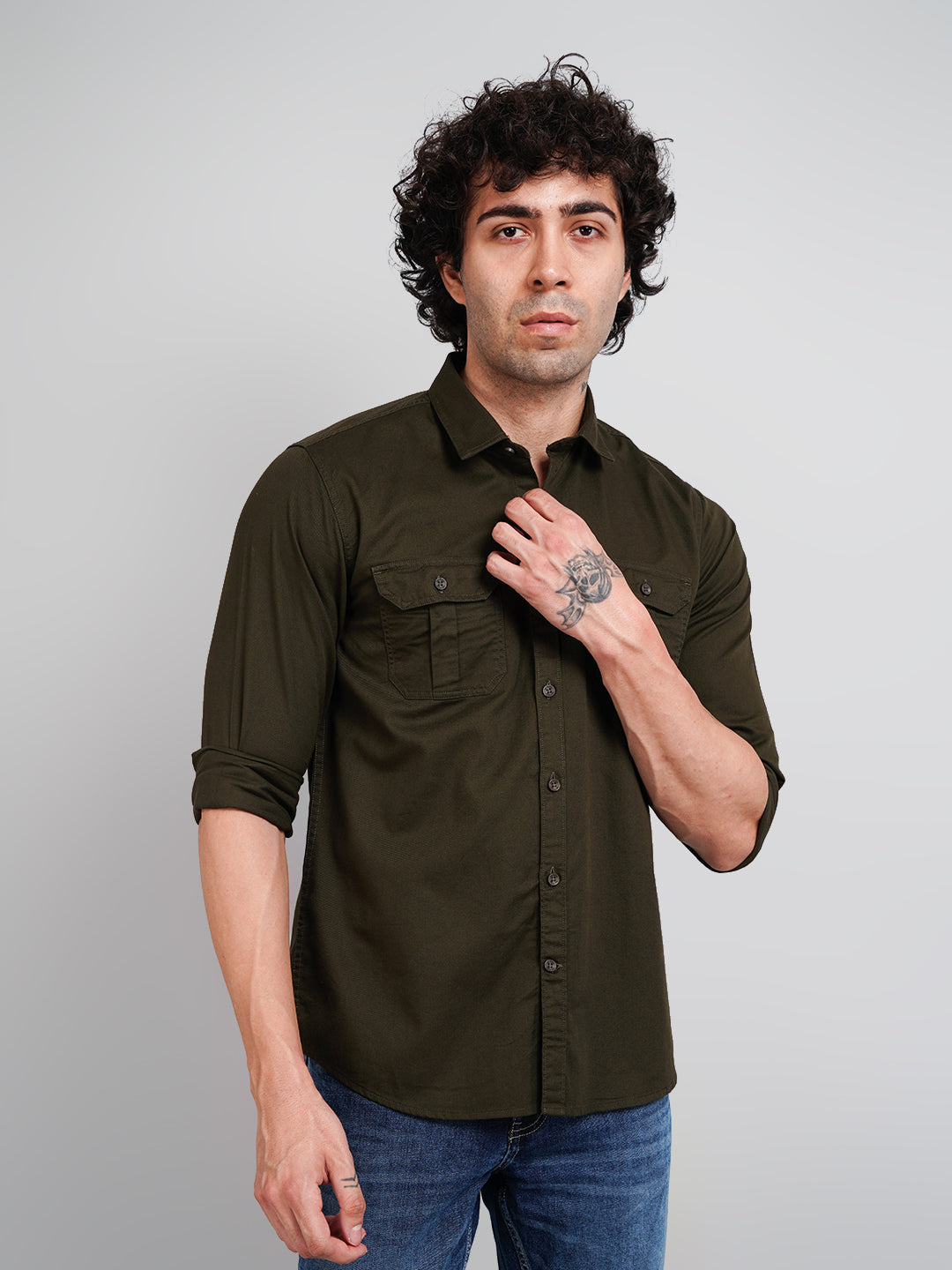 Olive Green Solid Regular Fit Shirt