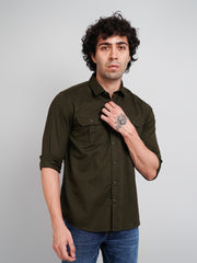 Olive Green Solid Regular Fit Shirt