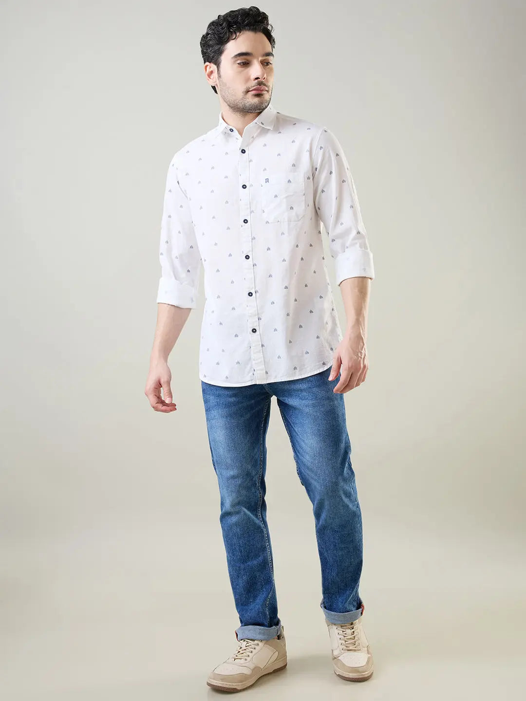White Printed Regular Fit Shirt TIM PARIS
