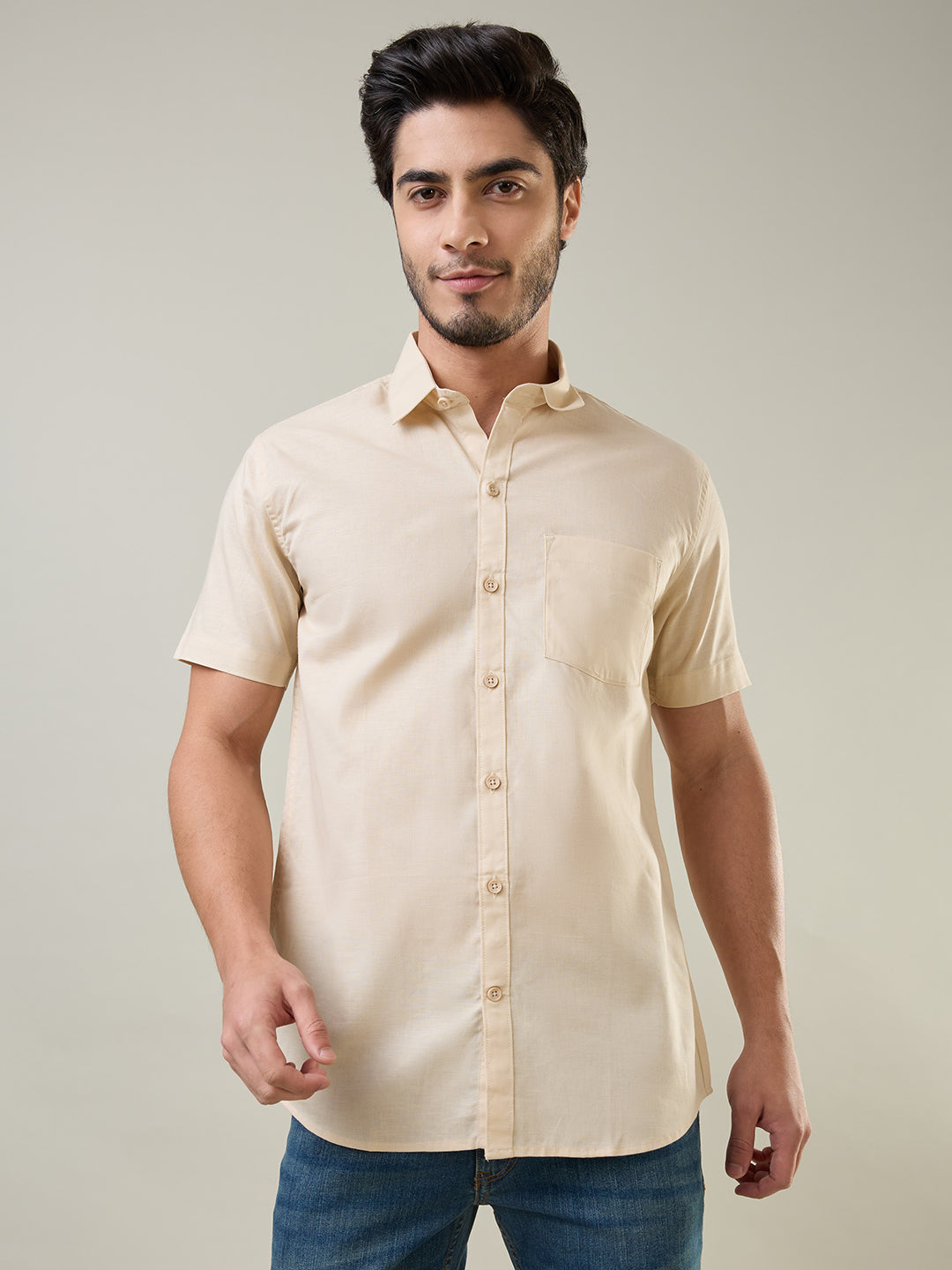 Beige Solid Half Sleeve Shirt